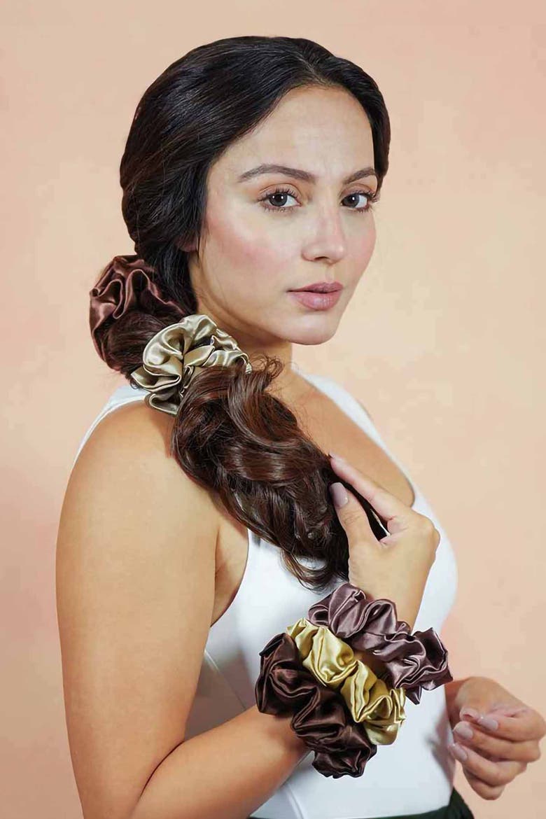 Neutral Silk Satin Scrunchies - Set of 6, Alternate, color, Brown