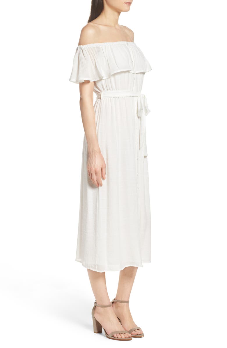 Bardot Marina Ruffle Off the Shoulder Midi Dress, Alternate, color, 