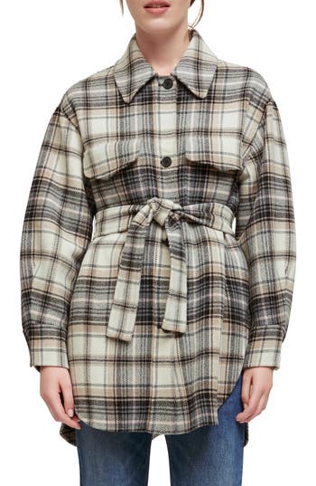 Maje Gavinima Plaid Wool Blend Shirt Jacket In Sand