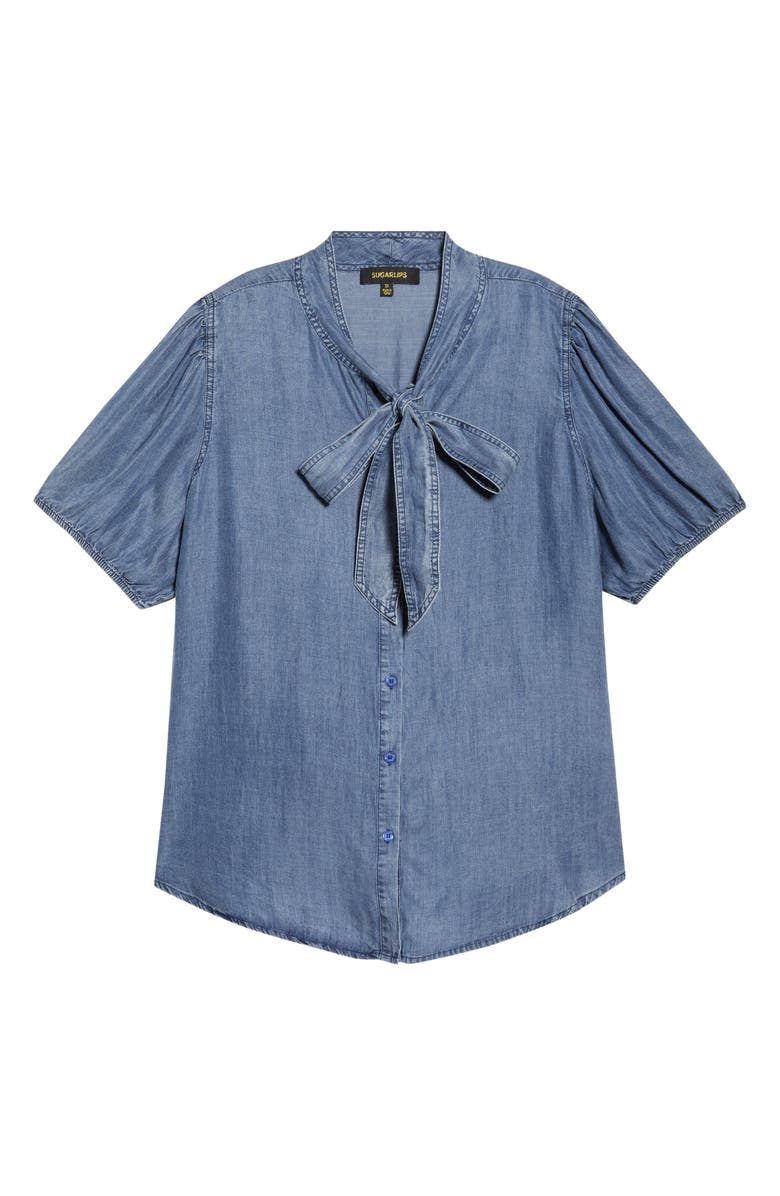 SUGARLIPS Georgina Tie Neck Chambray Top, Alternate, color, Medium-Chambray
