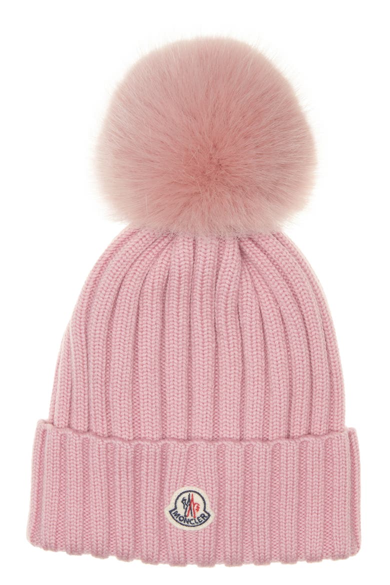 Virgin Wool Rib Beanie with Faux Fur Pompom, Main, color, SMOOTH ROSE
