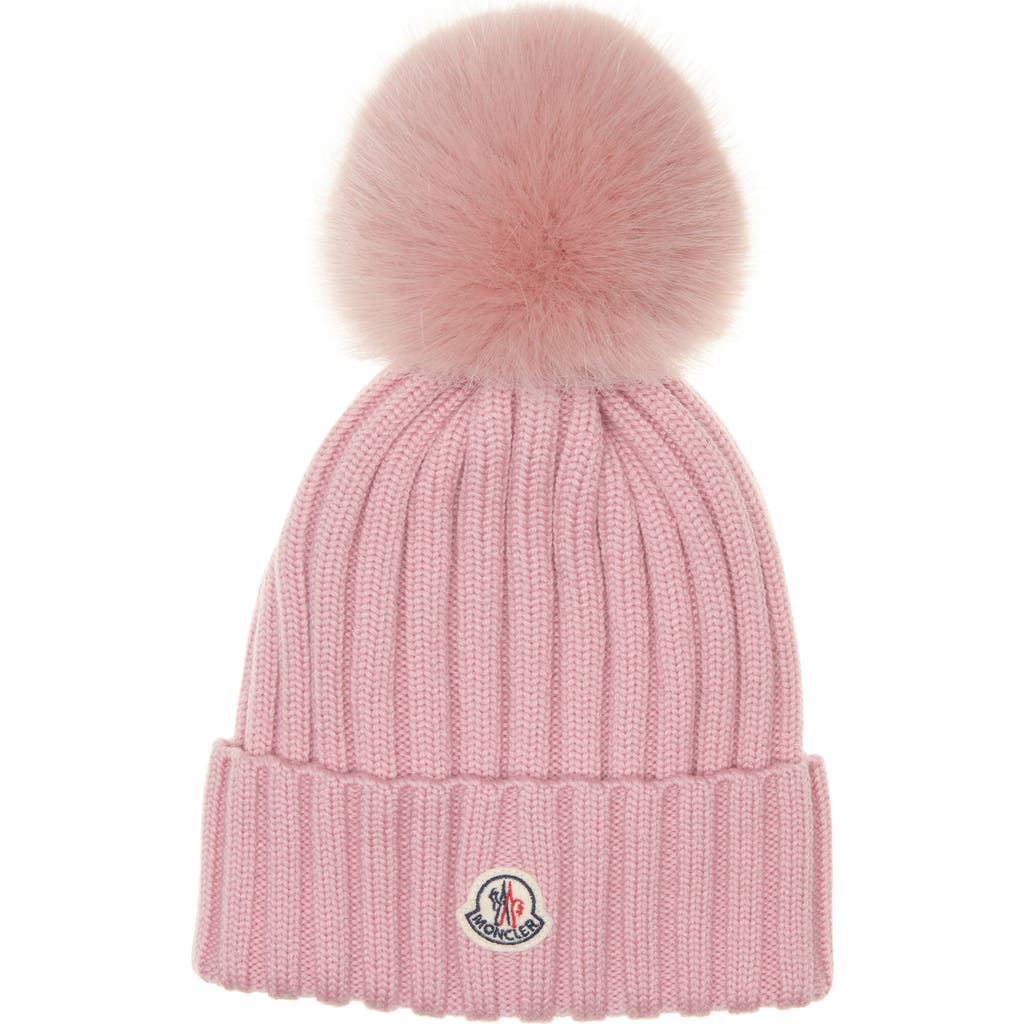 Moncler Virgin Wool Rib Beanie With Faux Fur Pompom