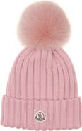 Moncler Virgin Wool Rib Beanie with Faux Fur Pompom