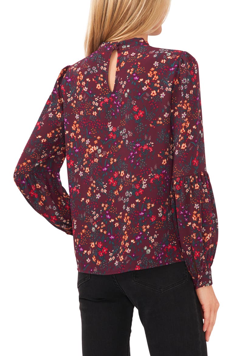 Floral Tie Neck Blouse, Alternate, color, SPICED WINE