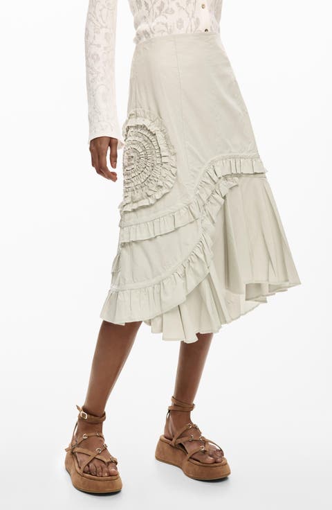 Ruffle Asymmetric Midi Skirt
