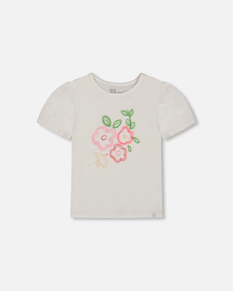 Deux Par Deux Organic Cotton Tee With Puff Sleeve - Pink Flower On White Background
