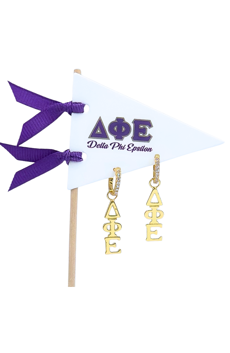 Color Shout Delta Phi Epsilon Greek Letter Huggie + Charm Earrings, Main, color, Yellow Gold