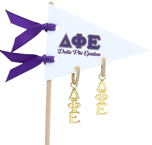Color Shout Delta Phi Epsilon Greek Letter Huggie + Charm Earrings In Gold