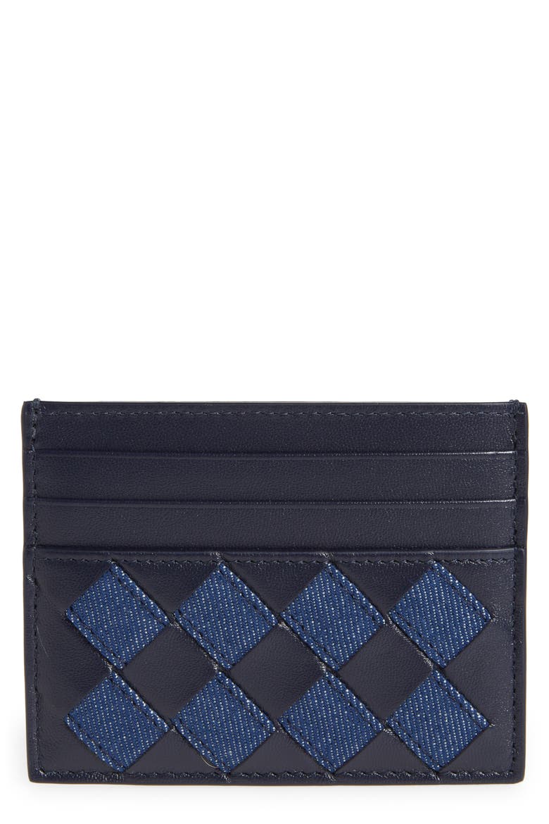 Intrecciato Denim & Leather Card Case, Main, color, 4165 ABYSS-INDIGO/ ABYSS