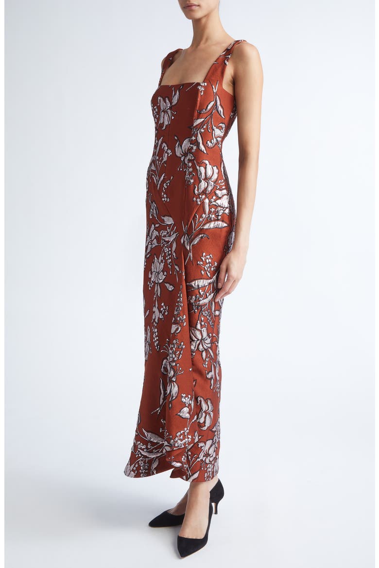Metallic Floral Brocade Gown, Alternate, color, BRICK