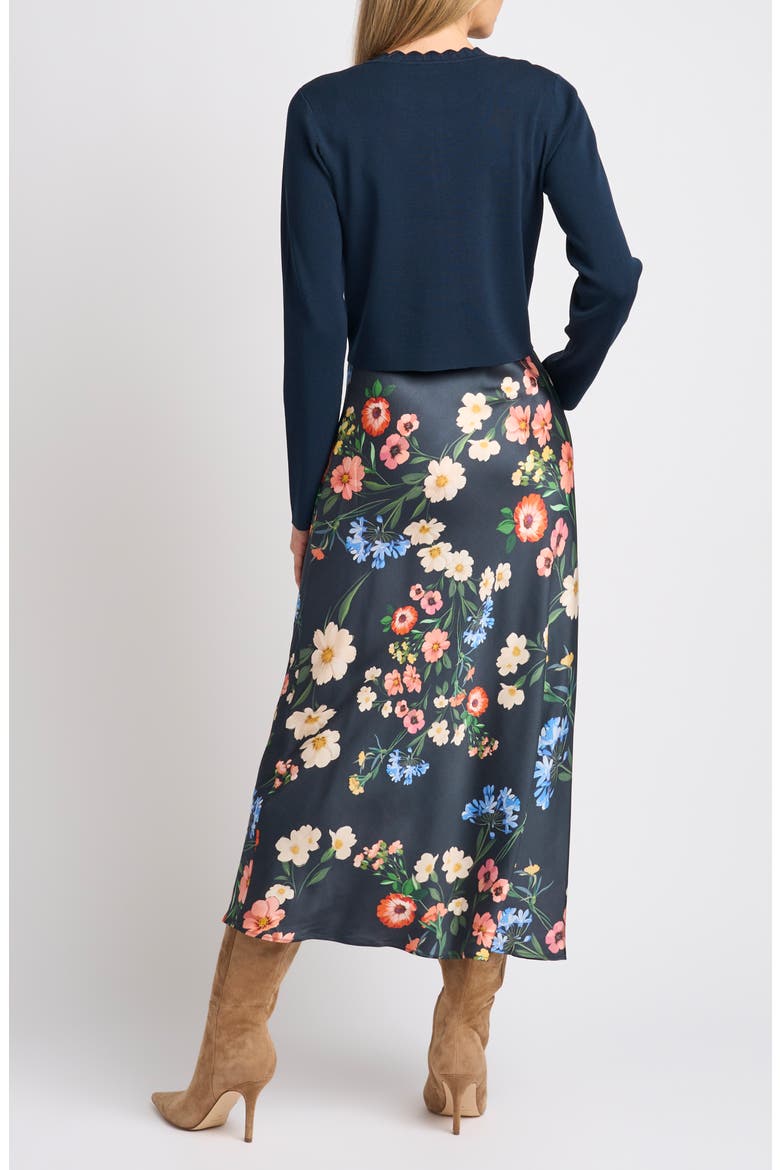 Patricia Scalloped Crewneck Cardigan & Floral Dress Set, Alternate, color, INDIGO NIGHT