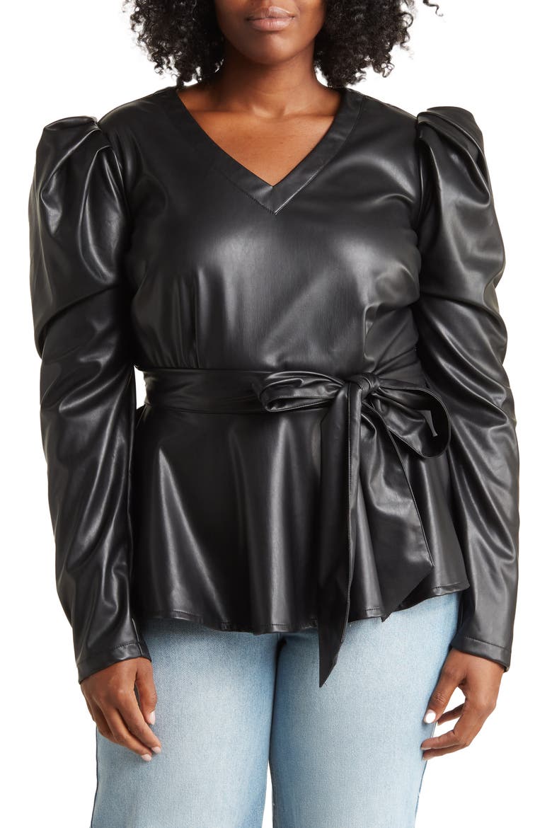 Gloria Faux Leather Puff Long Sleeve Top, Main, color, BLACK
