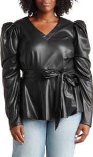 BY DESIGN Gloria Faux Leather Puff Long Sleeve Top