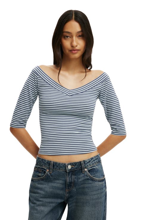 Women's Bella Off Shoulder V Neck 3/4 Tee