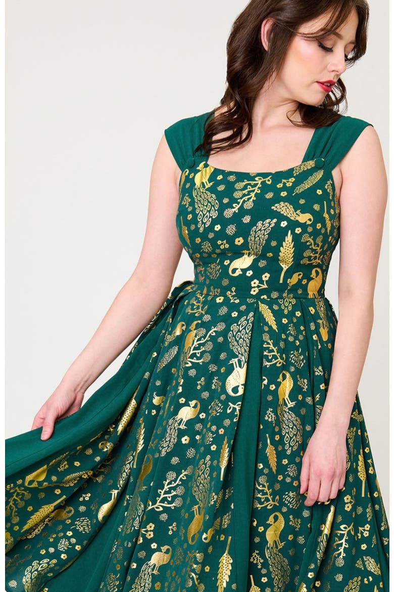 Square Neck Sleeveless Godet Swing Dress, Alternate, color, Green Foiled Peacock