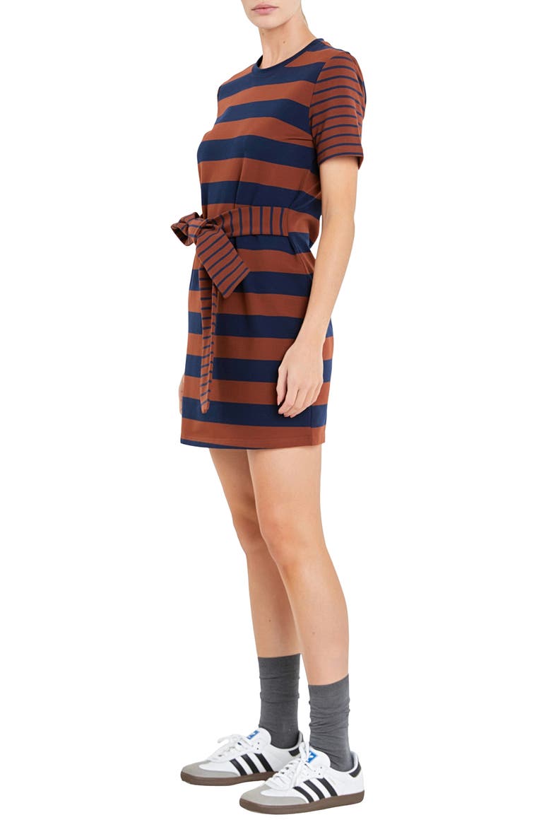 Contrast Stripe Tie Waist Minidress, Alternate, color, BROWN/ NAVY