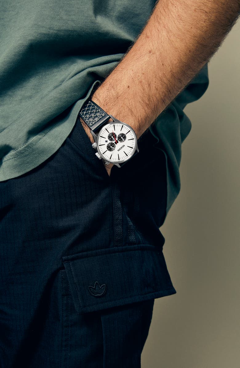 Nixon Sentry Chronograph Leather Strap Watch, 42mm, Alternate, color, Chrome / Cloud Sunray / Black