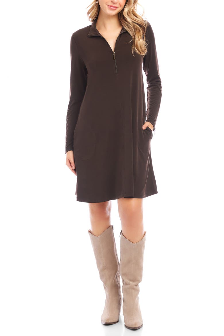 Half Zip Long Sleeve Travel Jersey Dress, Main, color, BROWN
