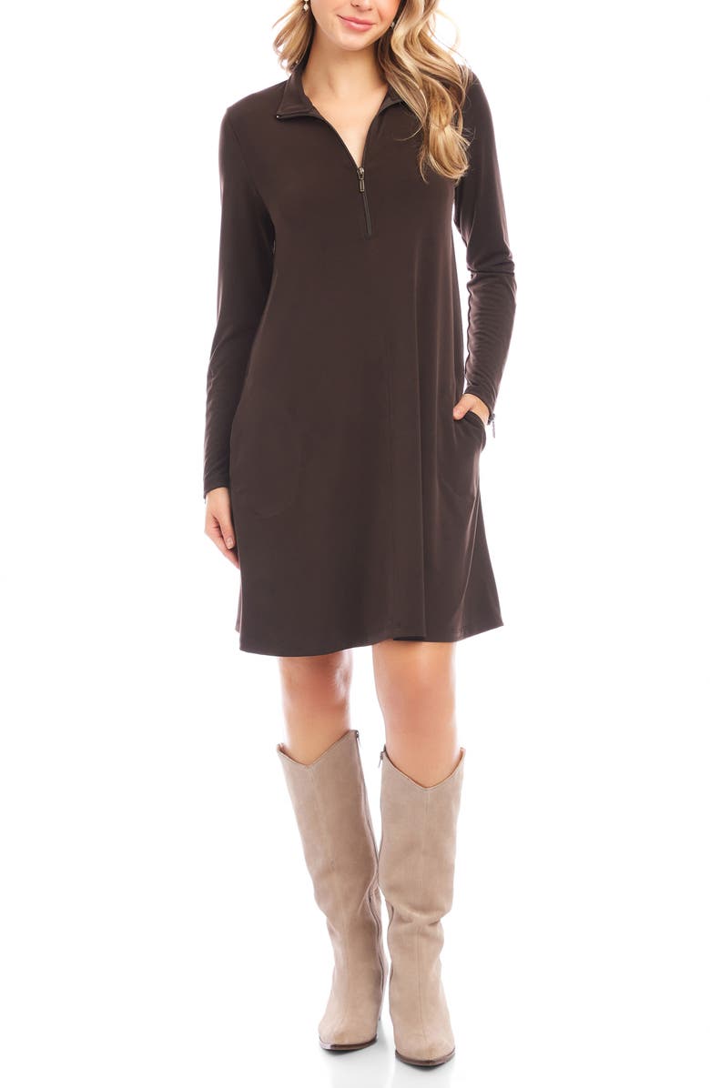 Karen Kane Half Zip Long Sleeve Travel Dress, Main, color, Brown