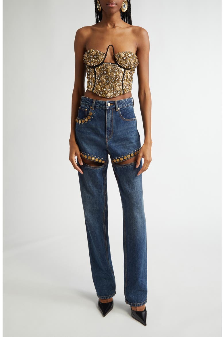 Crystal Button Studded Cutout Straight Leg Jeans, Alternate, color, DARK BLUE