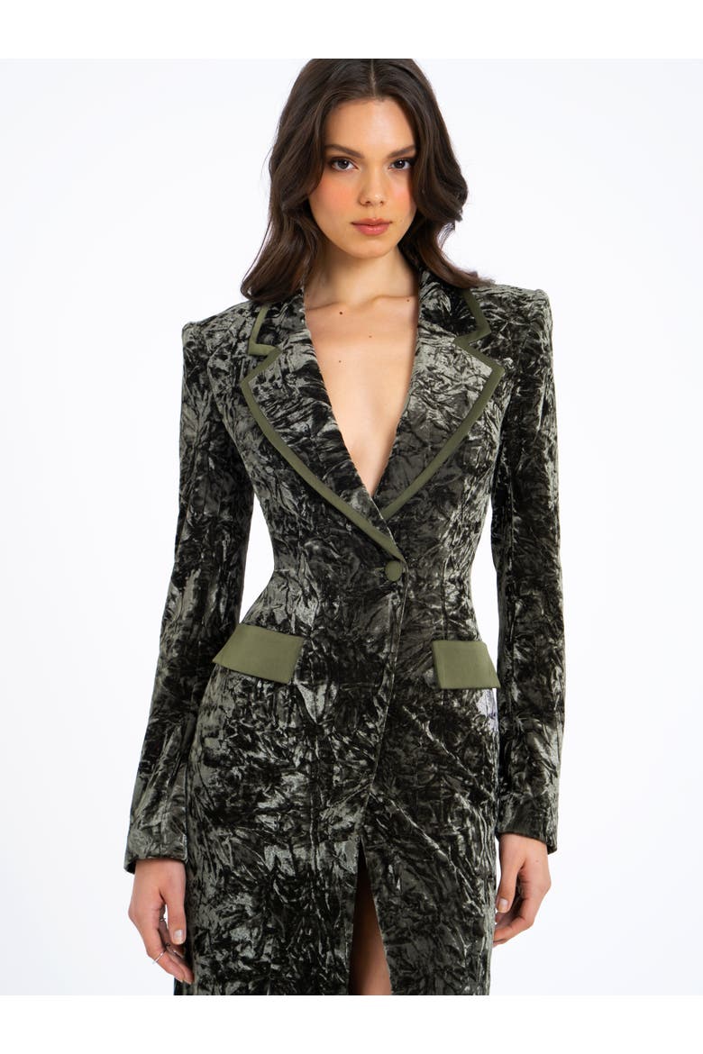 Willow Glossy Stretch Velvet High Slit Blazer Coat, Alternate, color, Green