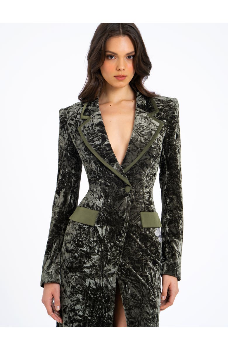 Miss Circle Willow Glossy Stretch Velvet High Slit Blazer Coat, Alternate, color, Green