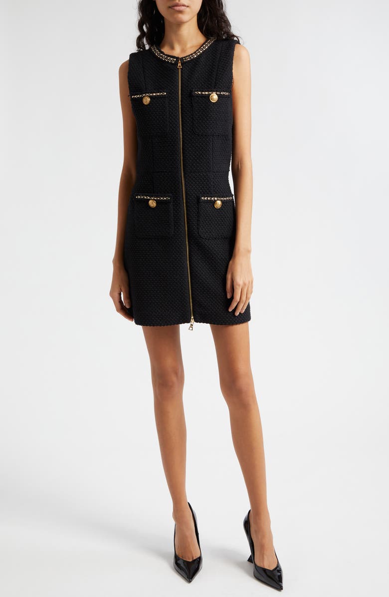 Alice + Olivia Lachlan Front Zip Sleeveless Tweed Dress, Main, color, 