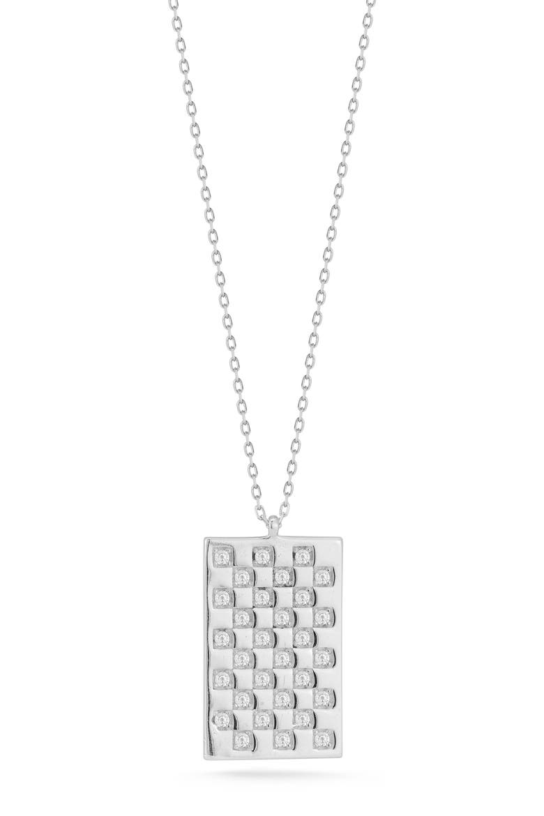 Cubic Zirconia Checkered Tag Pendant Necklace, Main, color, SILVER