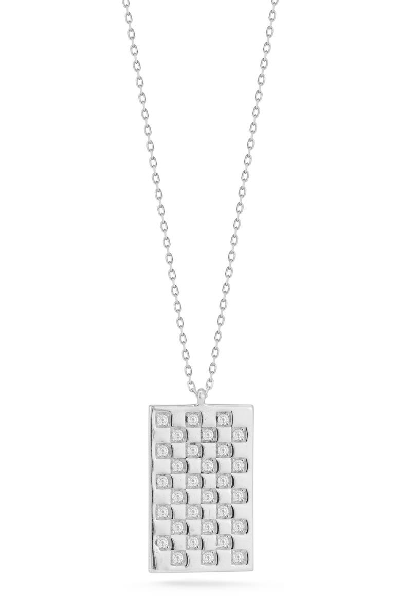 CHLOE AND MADISON Cubic Zirconia Checkered Tag Pendant Necklace, Main, color, Silver