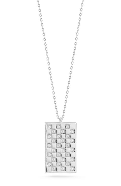 Cubic Zirconia Checkered Tag Pendant Necklace