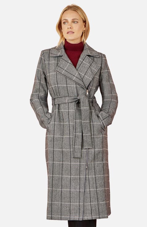 Check Oversize Long Biker Coat
