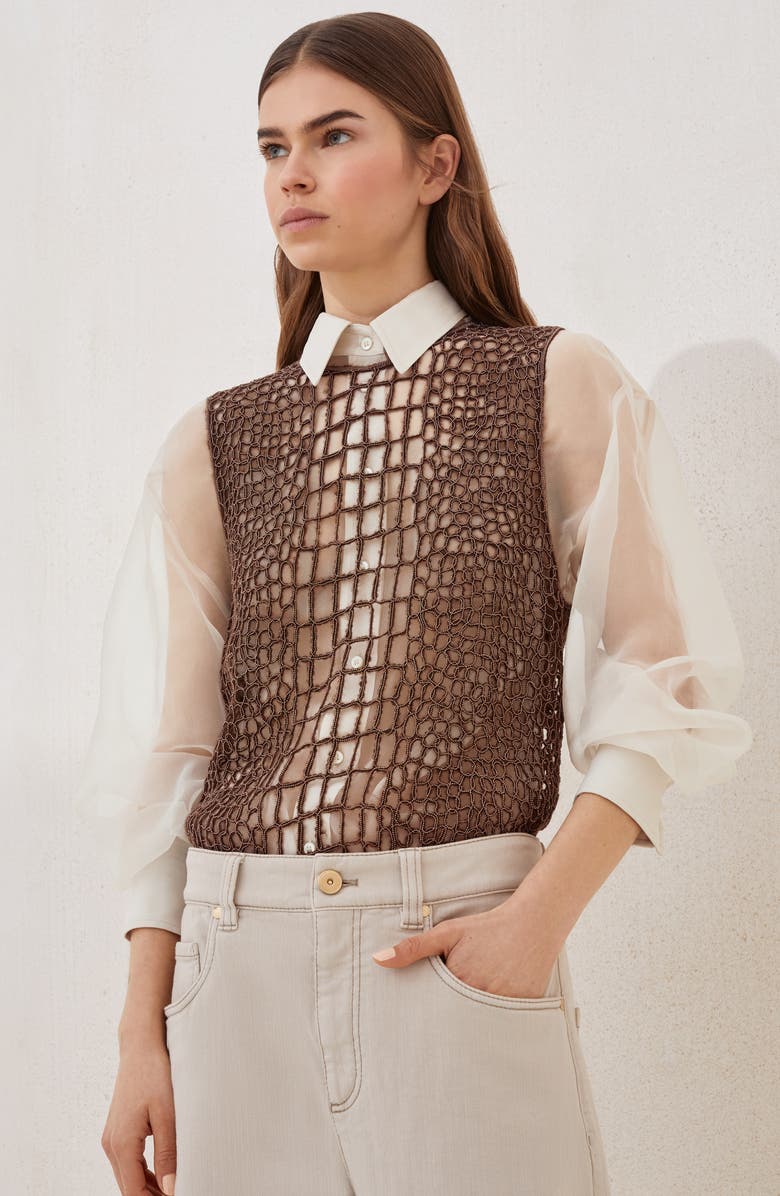 Brunello Cucinelli Precious croc embroidery top, Alternate, color, Brown