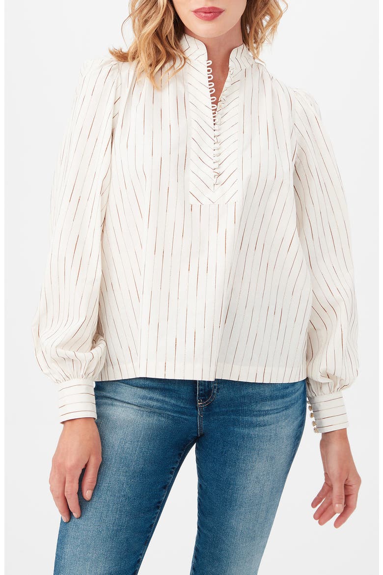 Sisi Stripe Long Sleeve Silk & Cotton Blend Shirt, Main, color, WHITE/ CAMEL