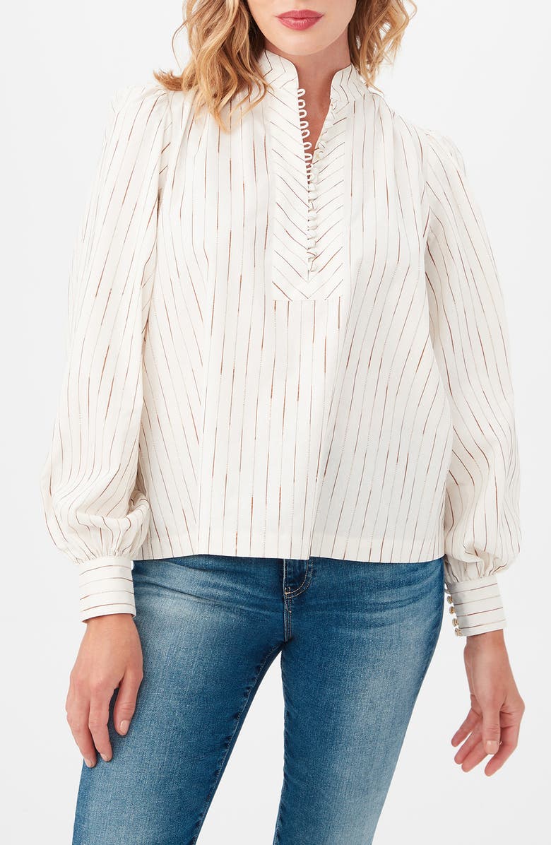 Trina Turk Sisi Stripe Long Sleeve Silk & Cotton Blend Shirt, Main, color, White/ Camel