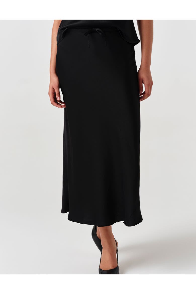 Dahlia Picot Trim Satin Midi Skirt, Main, color, Black