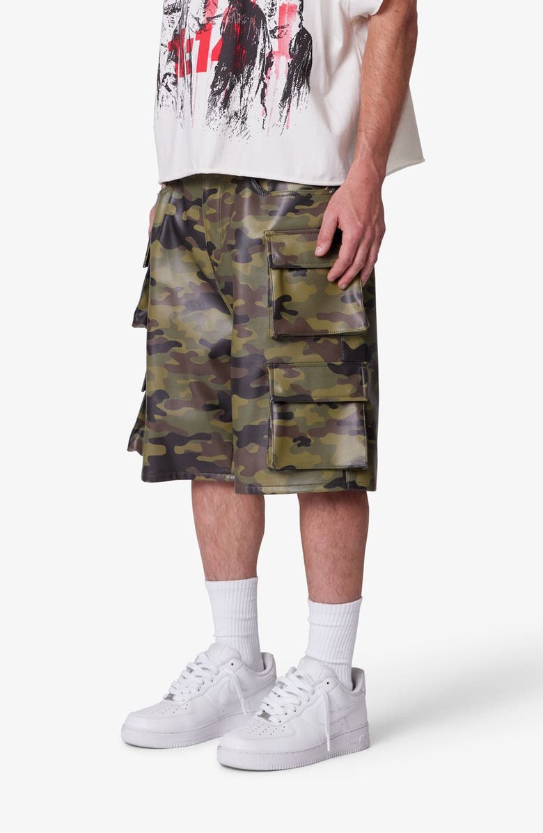 mnml Baggy Camo Faux Leather Cargo Shorts, Alternate, color, Camo