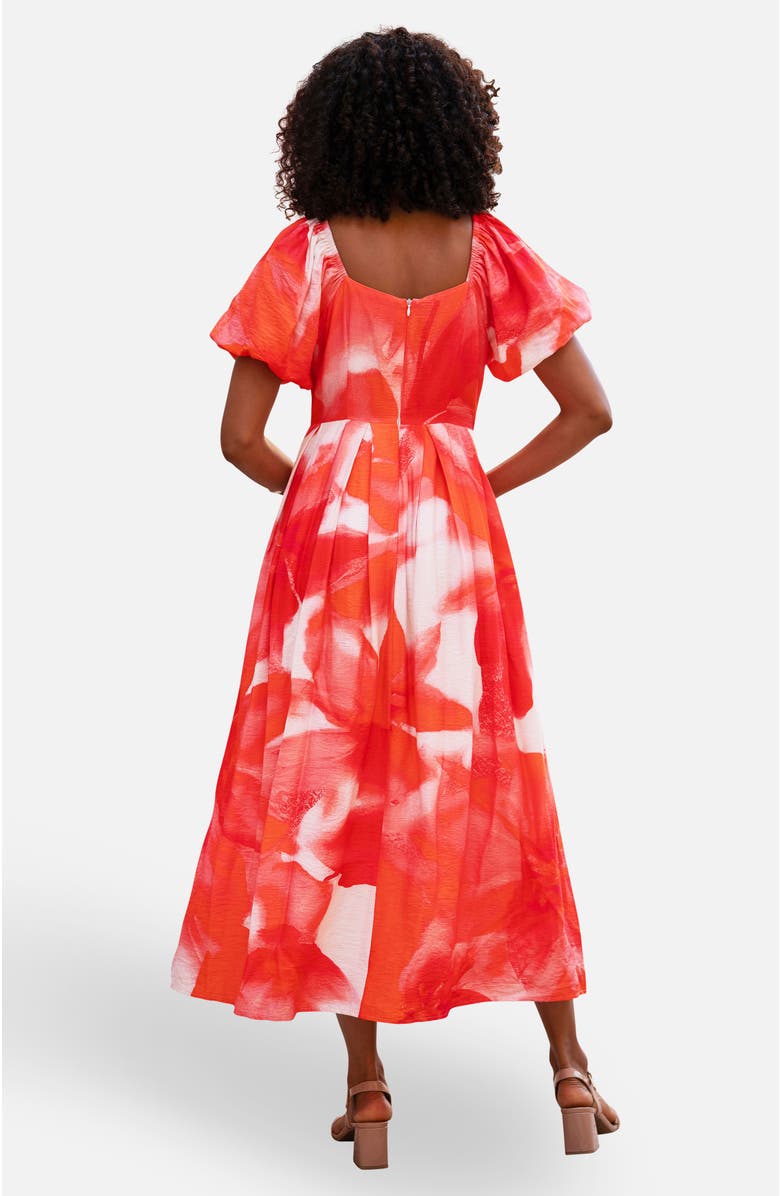 Yumi Floral Midi Dress With Puff Sleeves, Alternate, color, Red