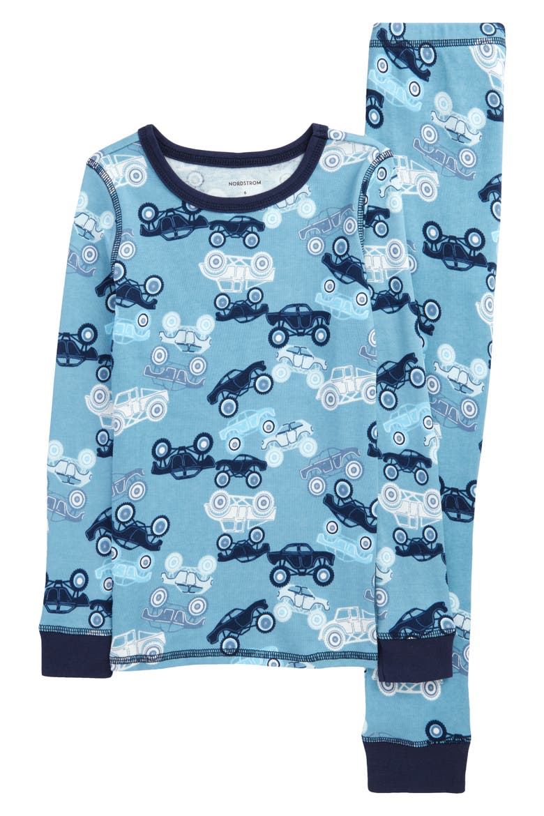 Kids' Glow in the Dark Fitted Two-Piece Pajamas, Main, color, BLUE COLONY TRUCKS GLOW