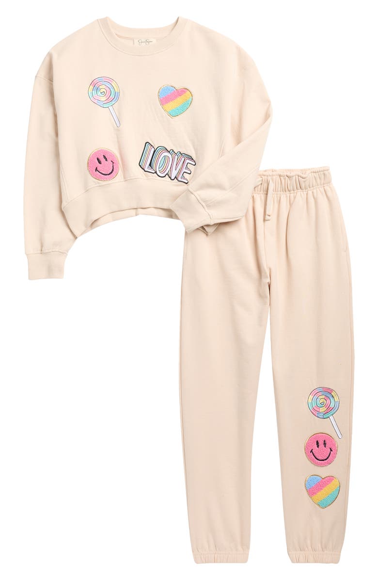 Jessica Simpson Kids' Après Ski Fleece Sweatshirt & Joggers Set, Main, color, Crystal Gray
