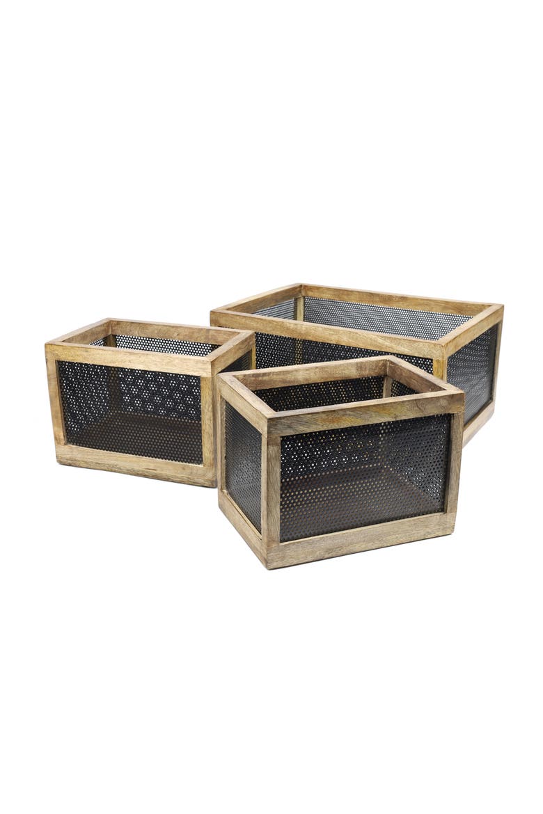 Fallon Modern Minimalist Handmade Wooden Metal Nesting Storage Baskets, Main, color, Black/Natural