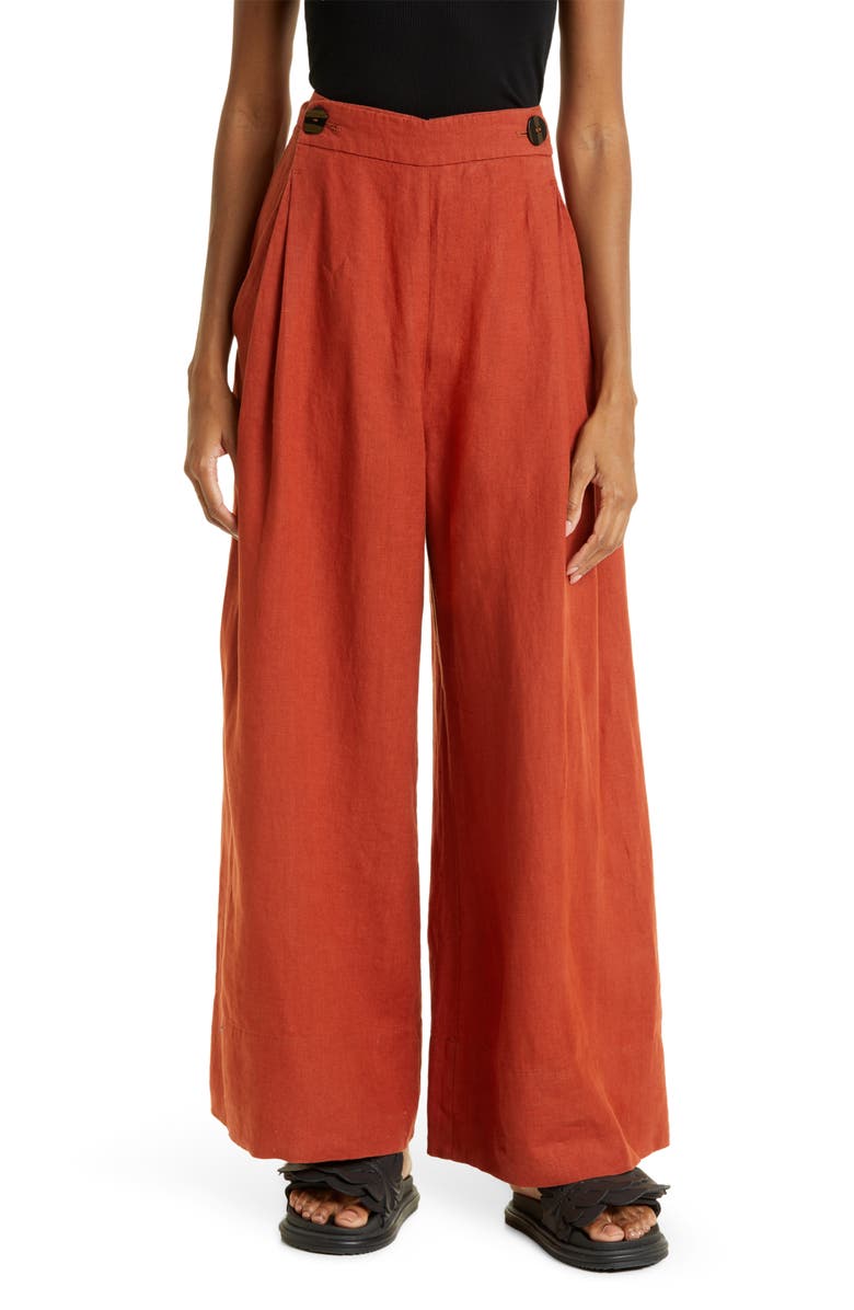FARM Rio Wide Leg Linen Pants, Main, color, Brown