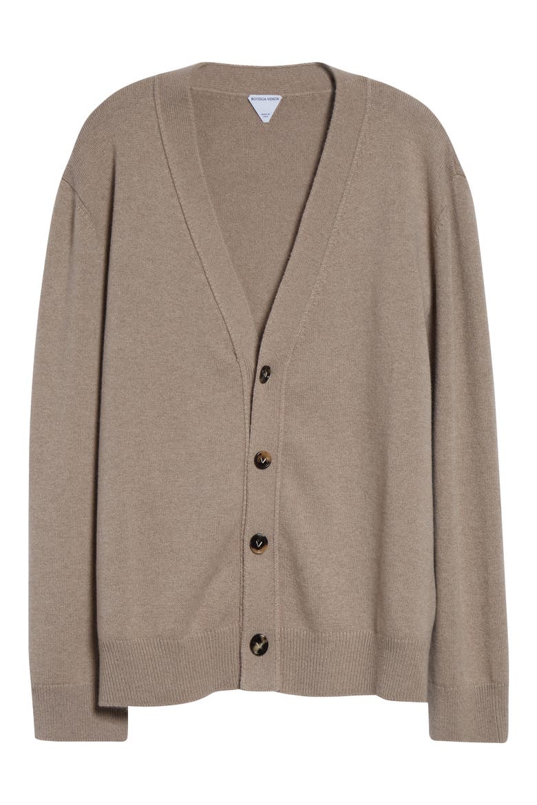 Classic Cashmere Blend V-Neck Cardigan with Intrecciato Leather Elbow Patches, Alternate, color, 9713 BEIGE
