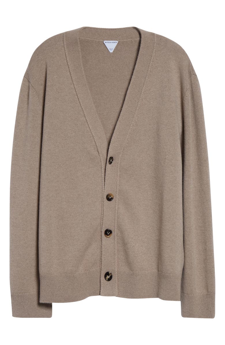Bottega Veneta Classic Cashmere Blend V-Neck Cardigan with Intrecciato Leather Elbow Patches, Alternate, color, 9713 Beige