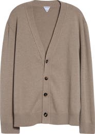Bottega Veneta Classic Cashmere Blend V-Neck Cardigan with Intrecciato Leather Elbow Patches