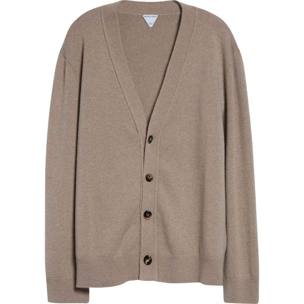 Bottega Veneta Classic Cashmere Blend V-neck Cardigan With Intrecciato Leather Elbow Patches In Brown