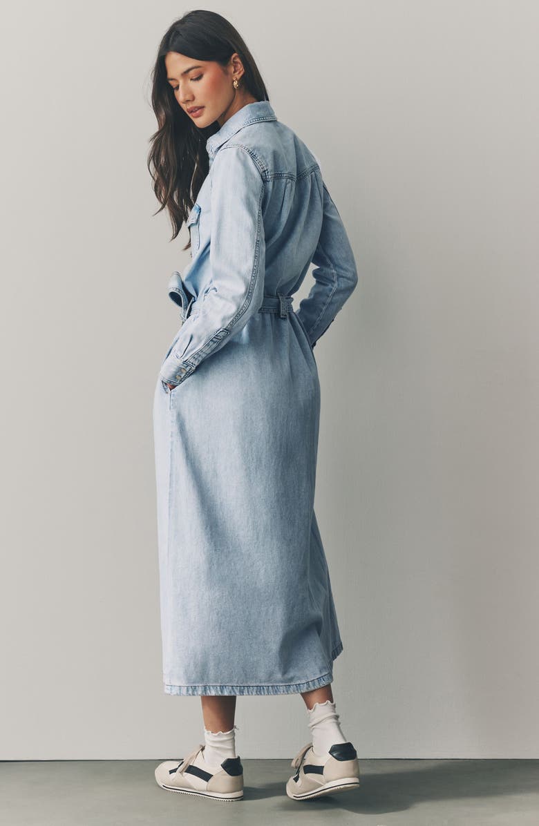 NEXT Tie Waist Long Sleeve Denim Maxi Dress, Alternate, color, Blue