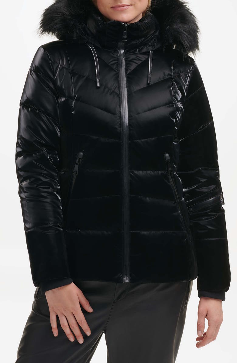 KARL LAGERFELD PARIS Faux Fur Trim Puffer Jacket, Alternate, color, 