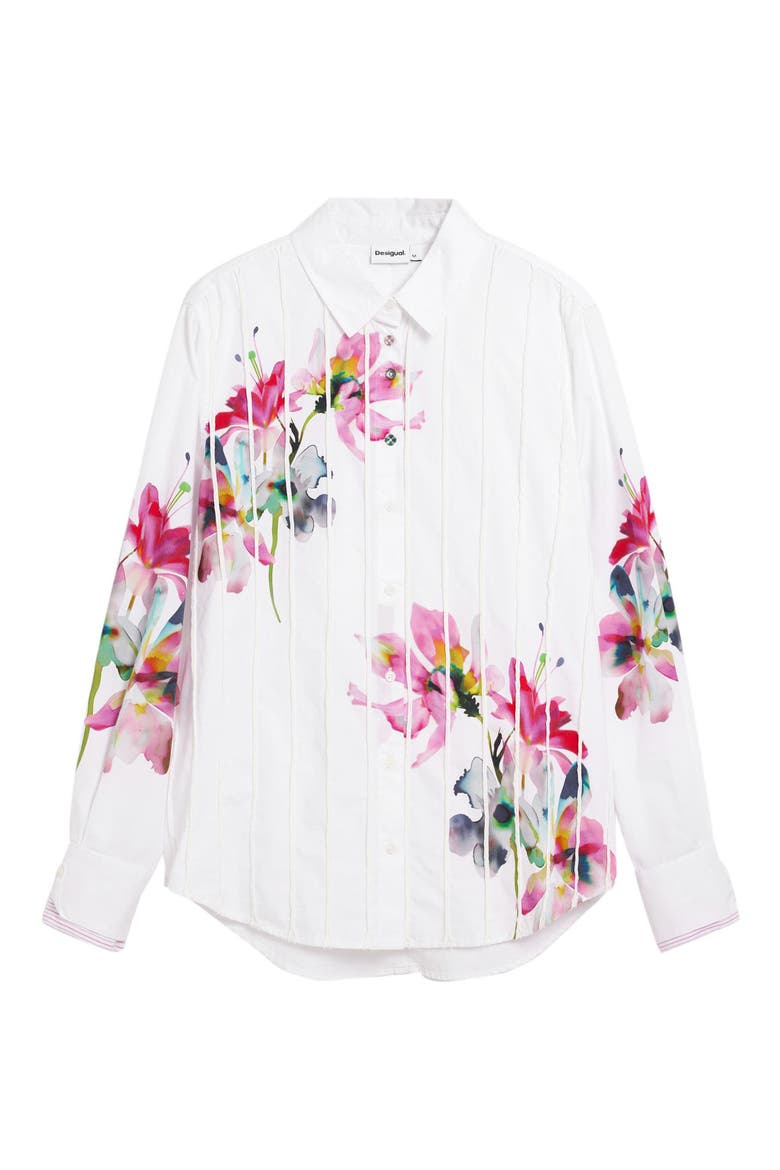 Placement Print Cotton Button-Up Shirt, Alternate, color, WHITE