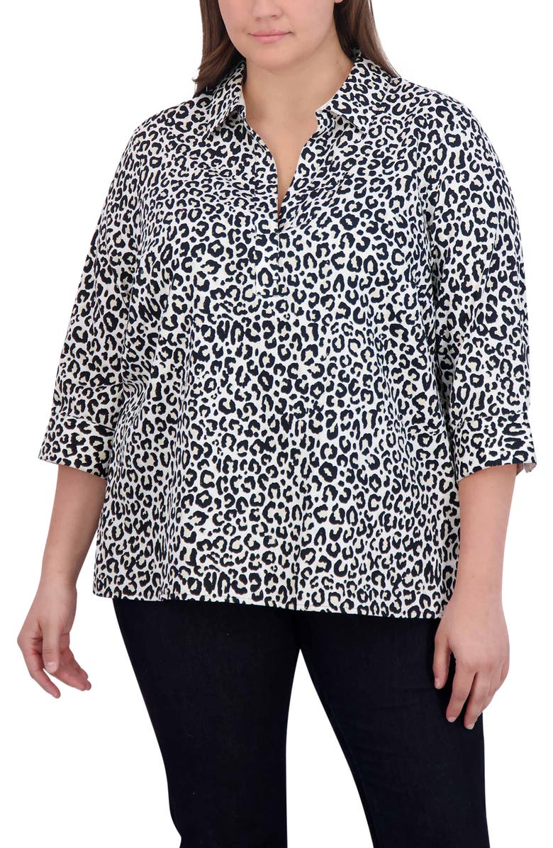Foxcroft Sophia Leopard Print Three-Quarter Sleeve Cotton Popover Shirt, Main, color, 