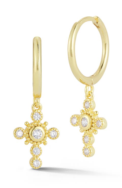 14K Gold Plated Silver Cross Huggie Hoop Earrings